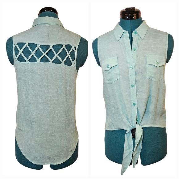 Mine teal sleeveless button down front tie fitted shirt top size S US - Picture 1 of 10